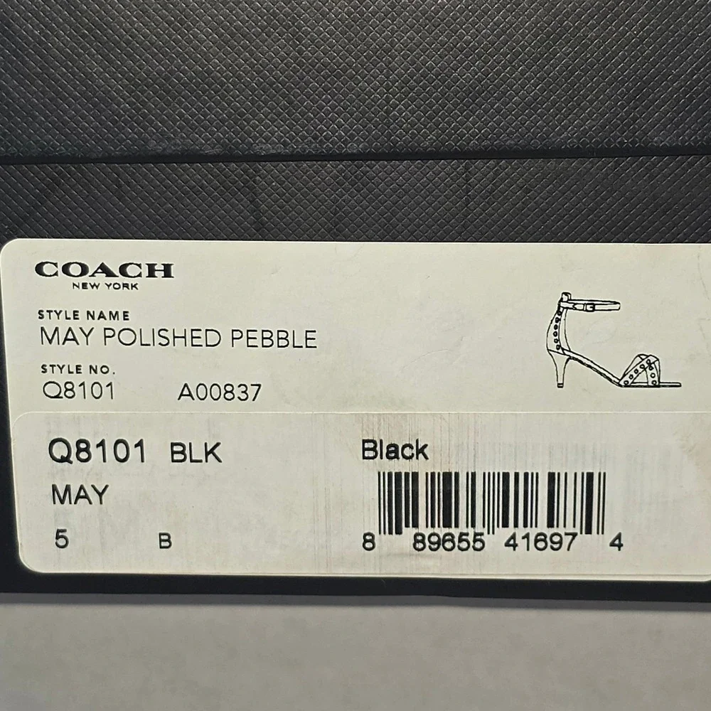 NWB Coach May Polished Pebble‎ Black Studded Kitten Heel Sandals Women Size 5